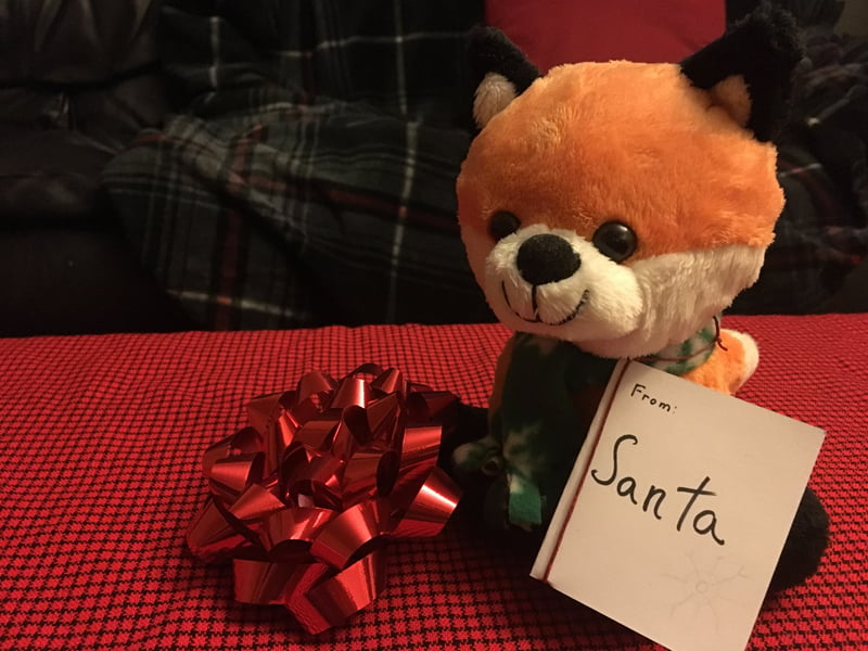 A stuffed fox with from Santa card